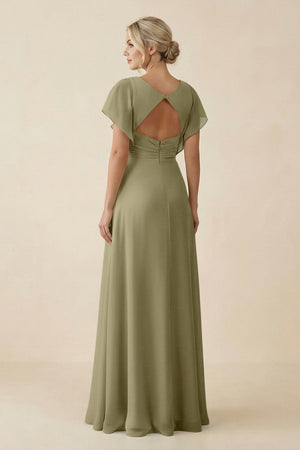 V - Neck Cap Sleeve Chiffon Bridesmaid Dress with Cut - out Back in Thyme - KissProm Bridesmaid Dresses