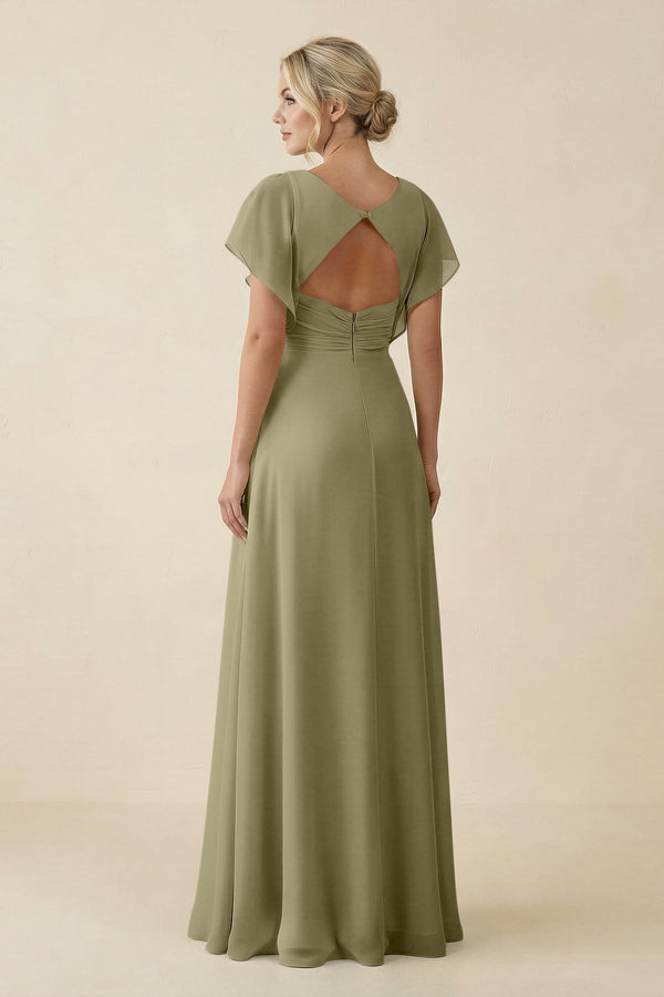 V - Neck Cap Sleeve Chiffon Bridesmaid Dress with Cut - out Back in Thyme - KissProm Bridesmaid Dresses
