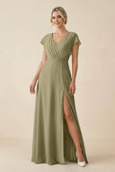 V - Neck Cap Sleeve Chiffon Bridesmaid Dress with Cut - out Back in Thyme - KissProm Bridesmaid Dresses