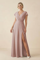 V - Neck Cap Sleeve Chiffon Bridesmaid Dress with Cut - out Back in Toffee - KissProm Bridesmaid Dresses