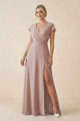V - Neck Cap Sleeve Chiffon Bridesmaid Dress with Cut - out Back in Toffee - KissProm Bridesmaid Dresses