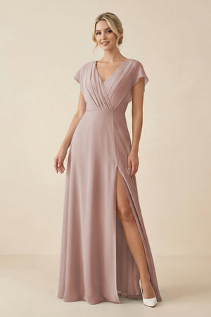 V - Neck Cap Sleeve Chiffon Bridesmaid Dress with Cut - out Back in Toffee - KissProm Bridesmaid Dresses