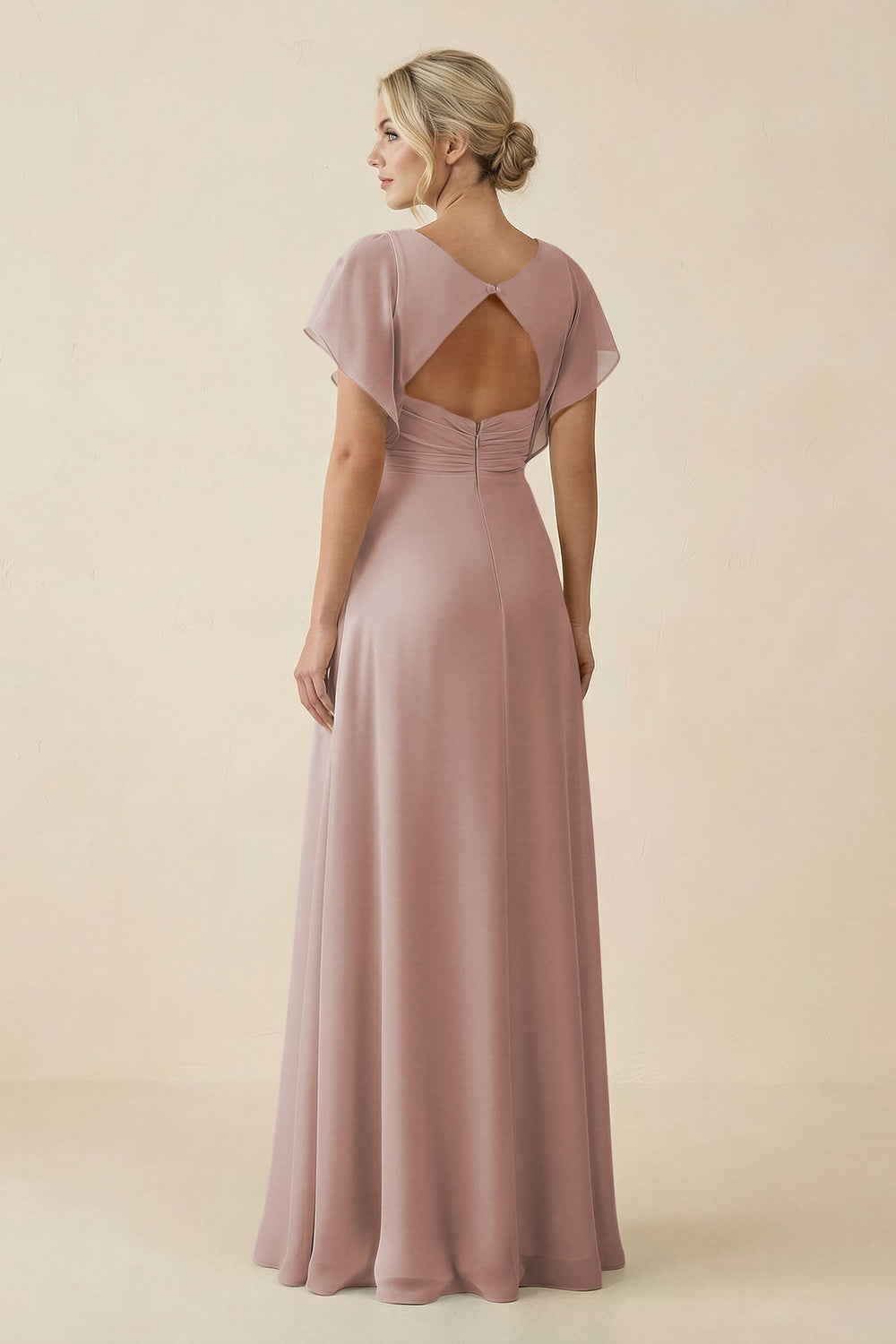 V - Neck Cap Sleeve Chiffon Bridesmaid Dress with Cut - out Back in Toffee - KissProm Bridesmaid Dresses