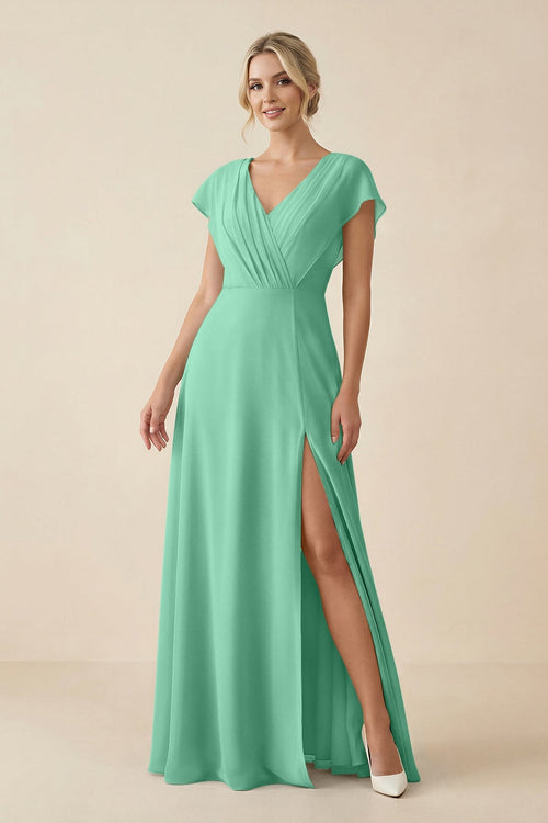 KissProm V-Neck Cap Sleeve Chiffon Bridesmaid Dress with Cut-out Back in Turquoise, Turquoise / 2