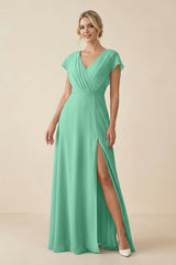 V - Neck Cap Sleeve Chiffon Bridesmaid Dress with Cut - out Back in Turquoise - KissProm Bridesmaid Dresses