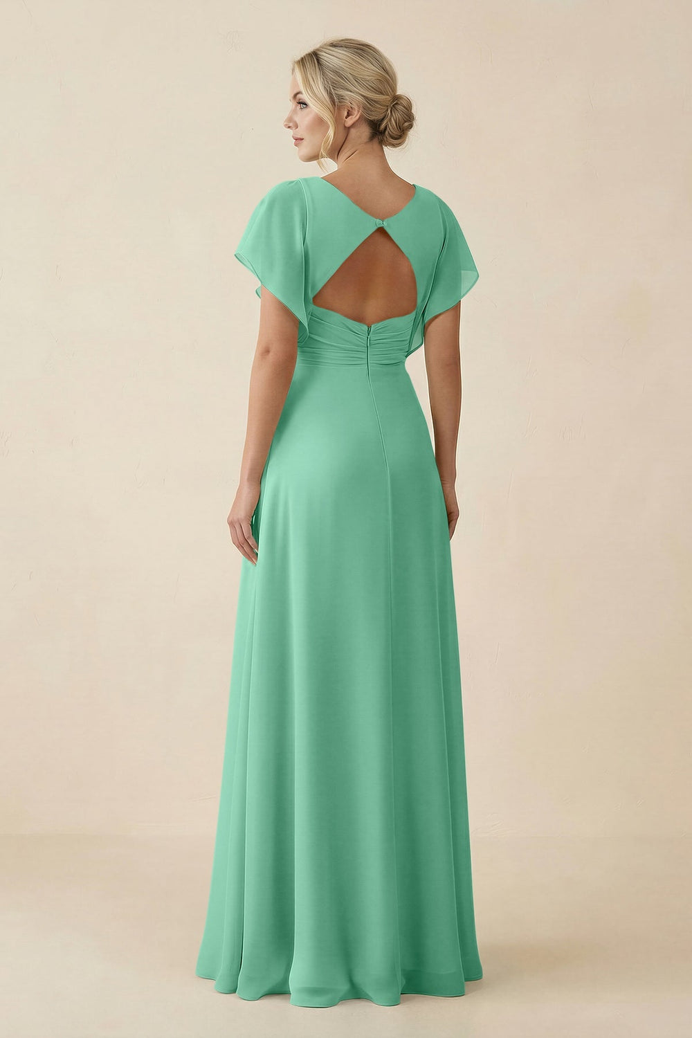 V - Neck Cap Sleeve Chiffon Bridesmaid Dress with Cut - out Back in Turquoise - KissProm Bridesmaid Dresses