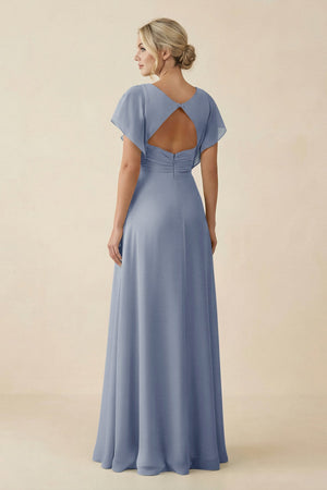 V - Neck Cap Sleeve Chiffon Bridesmaid Dress with Cut - out Back in Twilight - KissProm Bridesmaid Dresses