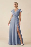 V - Neck Cap Sleeve Chiffon Bridesmaid Dress with Cut - out Back in Twilight - KissProm Bridesmaid Dresses