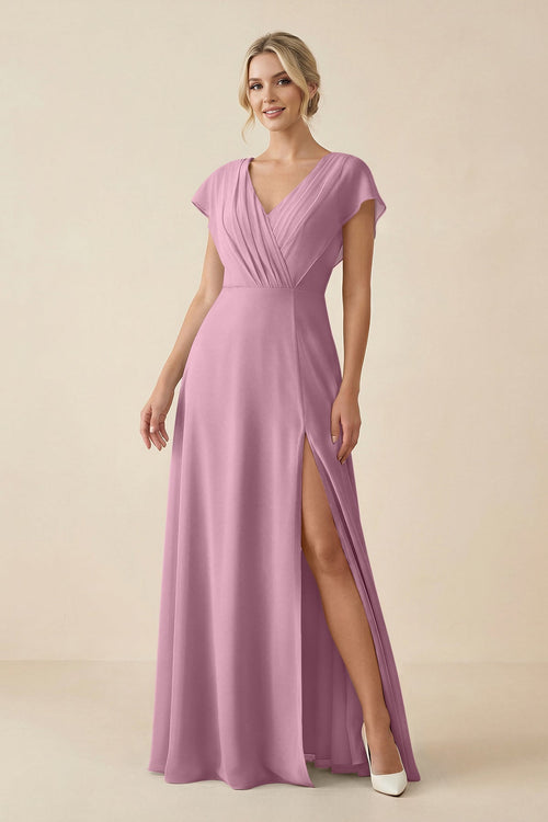 KissProm V-Neck Cap Sleeve Chiffon Bridesmaid Dress with Cut-out Back in Vintage Mauve, Vintage Mauve / 16