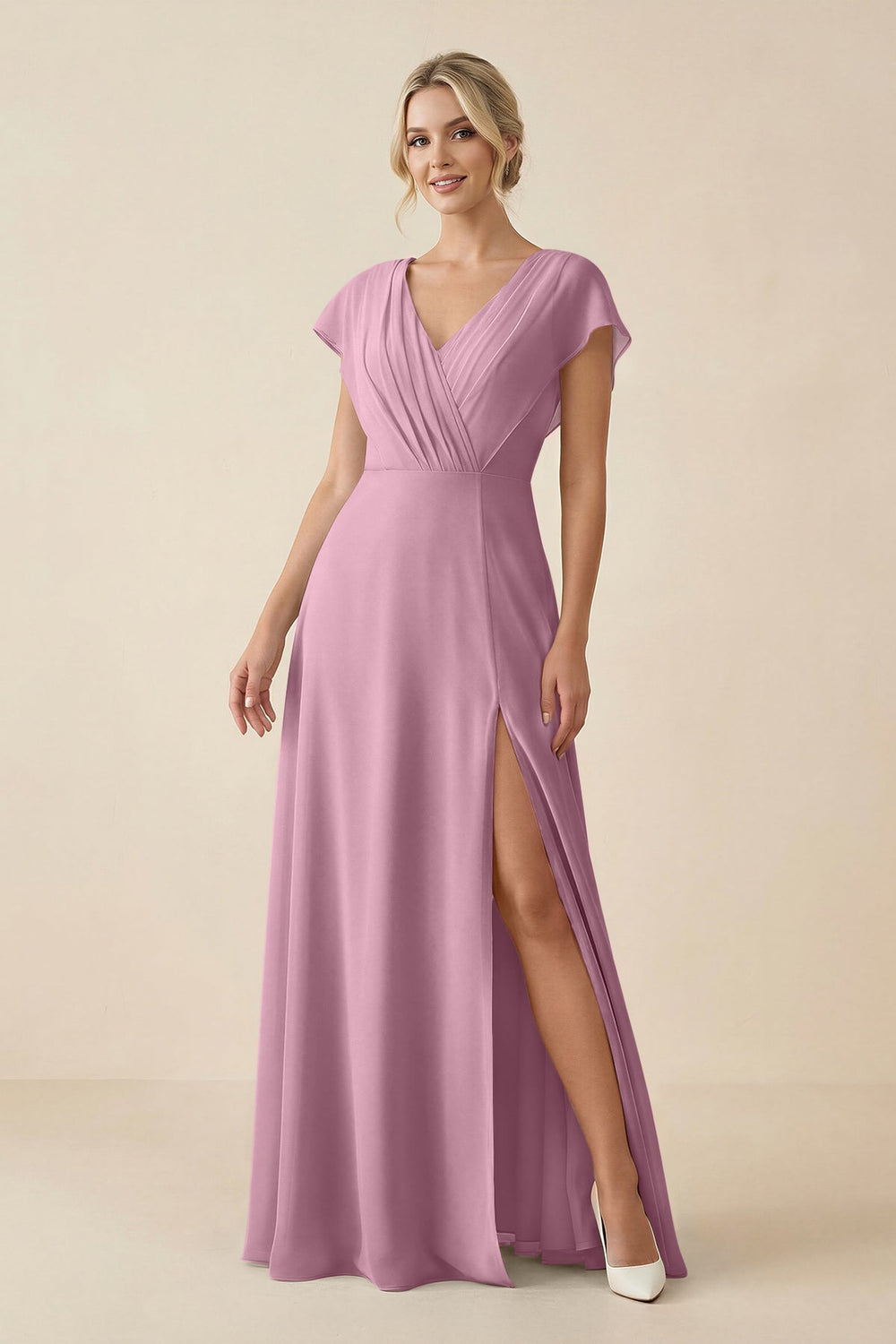 V - Neck Cap Sleeve Chiffon Bridesmaid Dress with Cut - out Back in Vintage Mauve - KissProm Bridesmaid Dresses