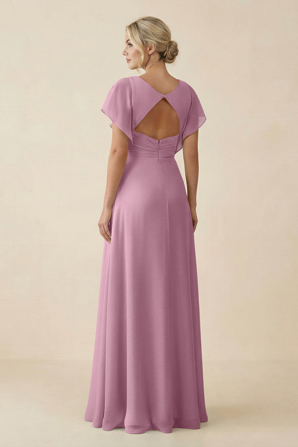 KissProm V-Neck Cap Sleeve Chiffon Bridesmaid Dress with Cut-out Back in Vintage Mauve, Vintage Mauve / 16