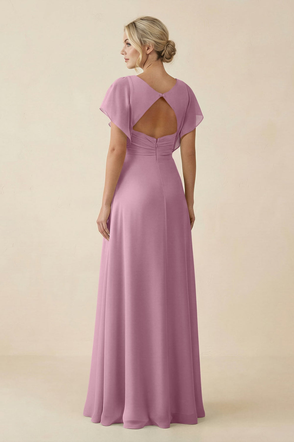 V - Neck Cap Sleeve Chiffon Bridesmaid Dress with Cut - out Back in Vintage Mauve - KissProm Bridesmaid Dresses