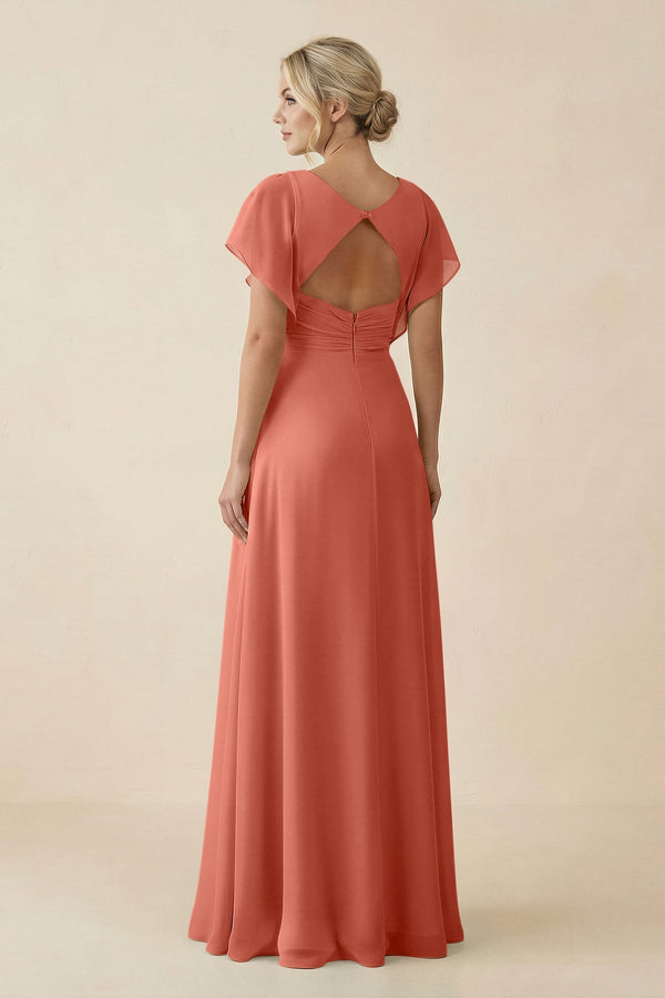 V - Neck Cap Sleeve Chiffon Bridesmaid Dress with Cut - out Back in Wild Rose - KissProm Bridesmaid Dresses