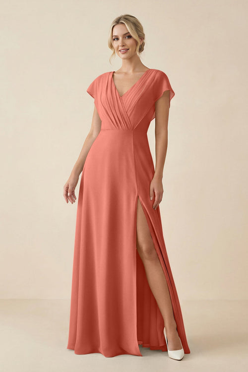 KissProm V-Neck Cap Sleeve Chiffon Bridesmaid Dress with Cut-out Back in Wild Rose, Wild Rose / 8