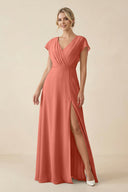 V - Neck Cap Sleeve Chiffon Bridesmaid Dress with Cut - out Back in Wild Rose - KissProm Bridesmaid Dresses