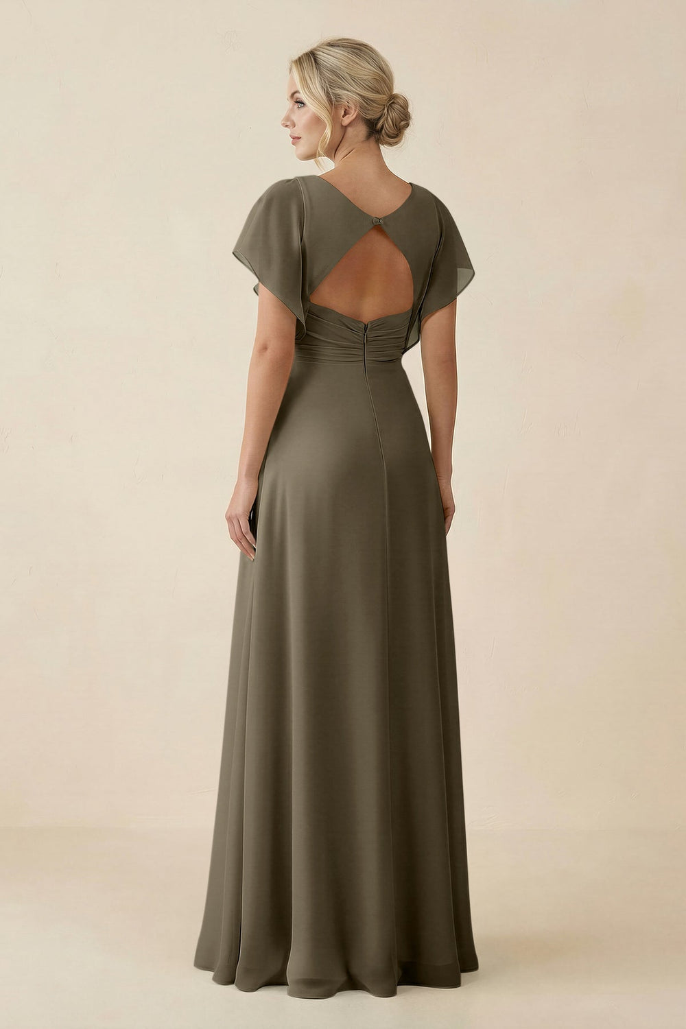 V - Neck Cap Sleeve Chiffon Bridesmaid Dress with Cut - out Back in Willow Green - KissProm Bridesmaid Dresses