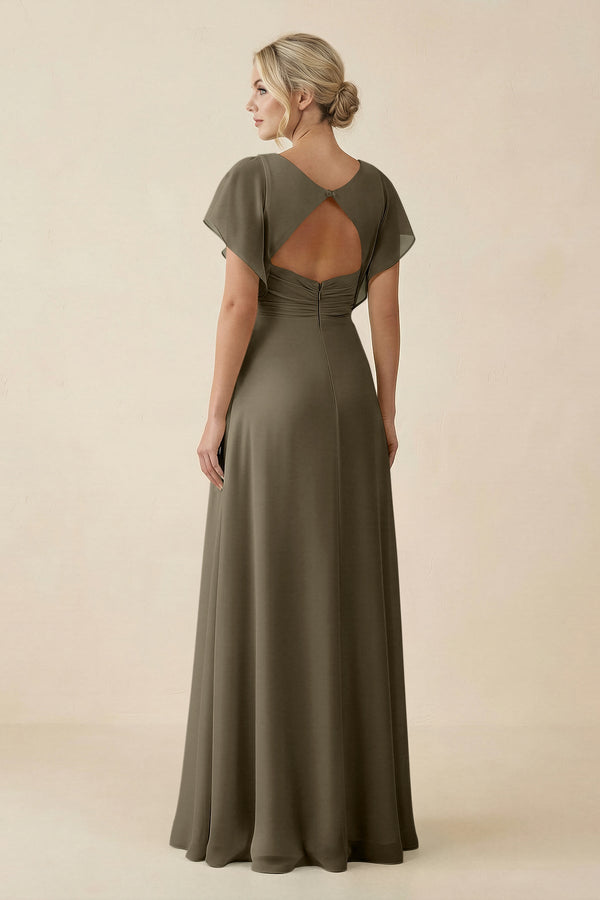 V - Neck Cap Sleeve Chiffon Bridesmaid Dress with Cut - out Back in Willow Green - KissProm Bridesmaid Dresses