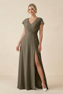 V - Neck Cap Sleeve Chiffon Bridesmaid Dress with Cut - out Back in Willow Green - KissProm Bridesmaid Dresses