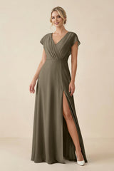 V - Neck Cap Sleeve Chiffon Bridesmaid Dress with Cut - out Back in Willow Green - KissProm Bridesmaid Dresses