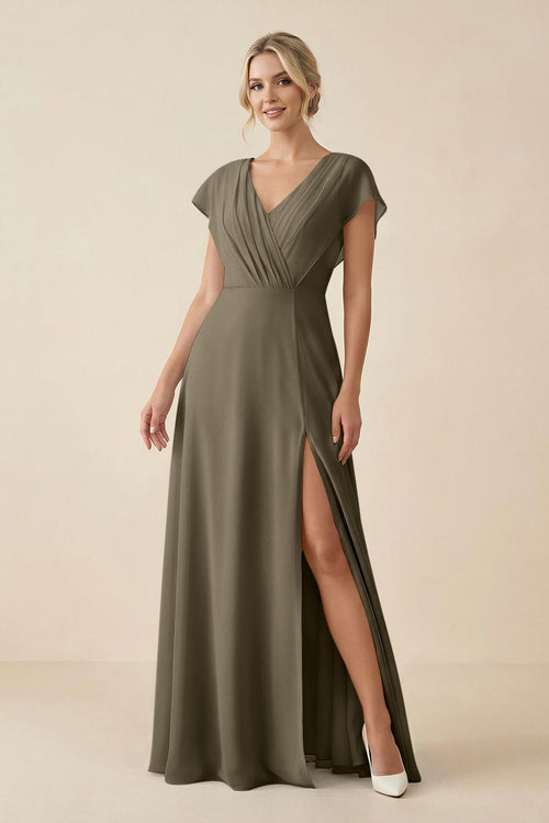 V - Neck Cap Sleeve Chiffon Bridesmaid Dress with Cut - out Back in Willow Green - KissProm Bridesmaid Dresses