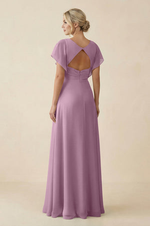 V - Neck Cap Sleeve Chiffon Bridesmaid Dress with Cut - out Back in Wisteria - KissProm Bridesmaid Dresses