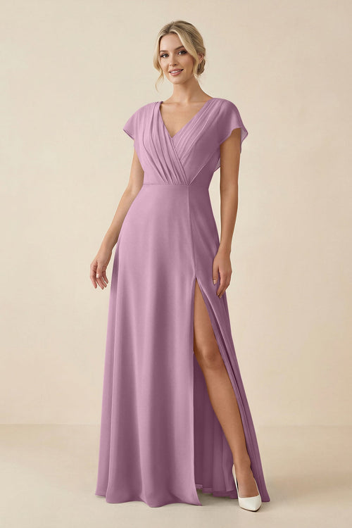 KissProm V-Neck Cap Sleeve Chiffon Bridesmaid Dress with Cut-out Back in Wisteria, Wisteria / 2