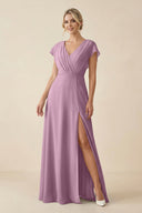 V - Neck Cap Sleeve Chiffon Bridesmaid Dress with Cut - out Back in Wisteria - KissProm Bridesmaid Dresses