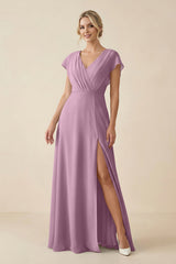 V - Neck Cap Sleeve Chiffon Bridesmaid Dress with Cut - out Back in Wisteria - KissProm Bridesmaid Dresses