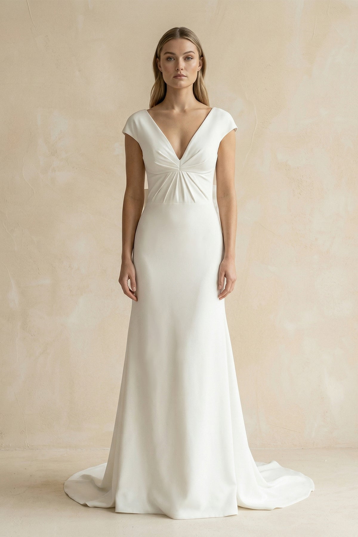 KissProm V-Neck Cap Sleeve Mermaid Ruched Satin Wedding Dress in White, White / 4