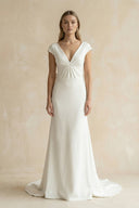 V - Neck Cap Sleeve Mermaid Ruched Satin Wedding Dress in White - KissProm Wedding Dresses