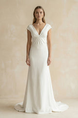 V - Neck Cap Sleeve Mermaid Ruched Satin Wedding Dress in White - KissProm Wedding Dresses