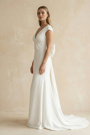 V - Neck Cap Sleeve Mermaid Ruched Satin Wedding Dress in White - KissProm Wedding Dresses