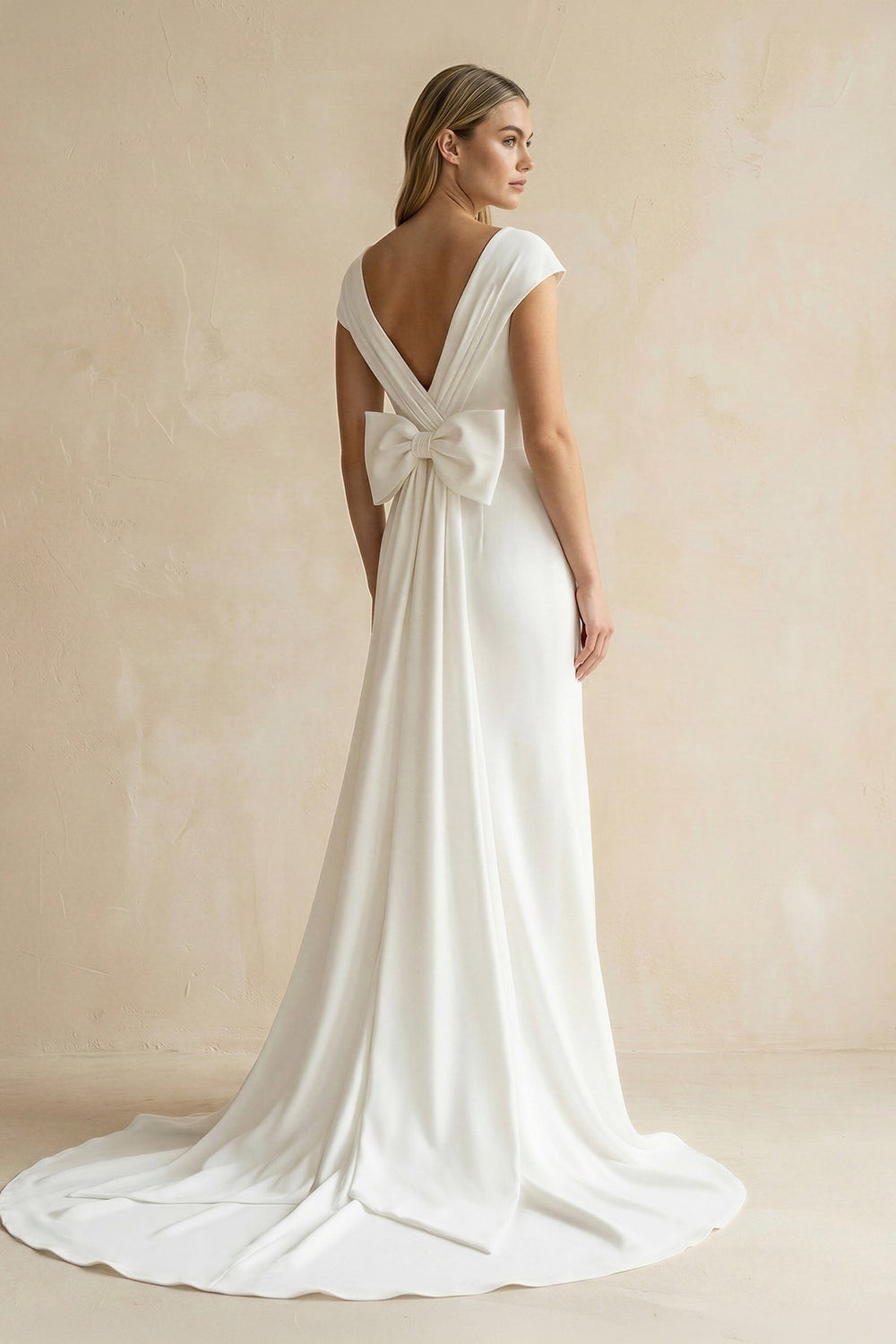 V - Neck Cap Sleeve Mermaid Ruched Satin Wedding Dress in White - KissProm Wedding Dresses
