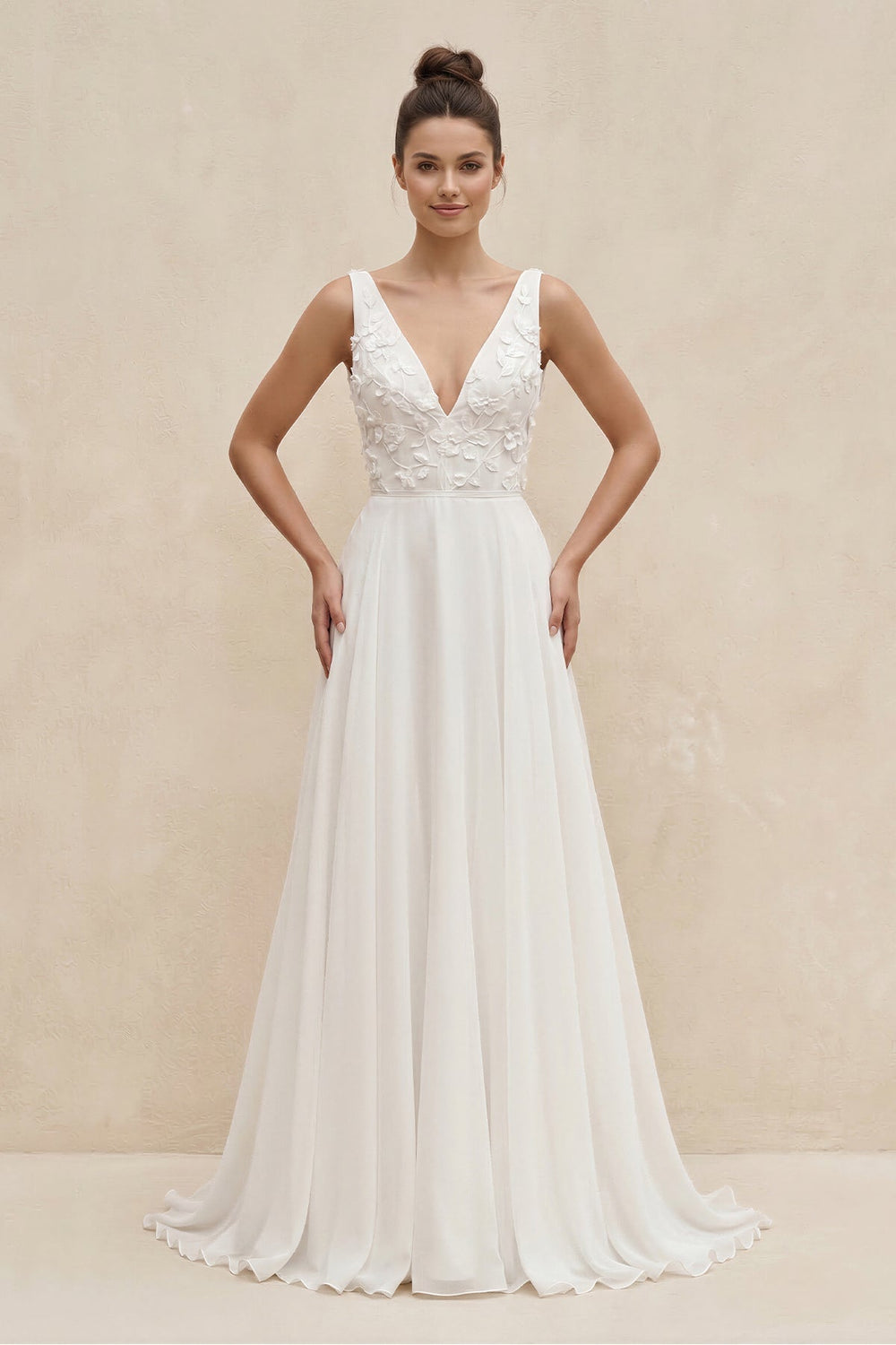 V - Neck Chiffon A - Line Appliqued Wedding Dress in White - KissProm Wedding Dresses