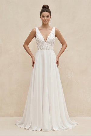 V - Neck Chiffon A - Line Appliqued Wedding Dress in White - KissProm Wedding Dresses