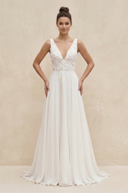 V - Neck Chiffon A - Line Appliqued Wedding Dress in White - KissProm Wedding Dresses