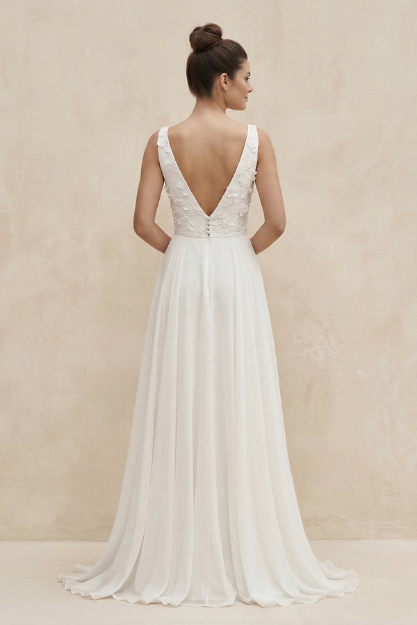 V - Neck Chiffon A - Line Appliqued Wedding Dress in White - KissProm Wedding Dresses
