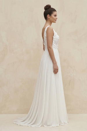 V - Neck Chiffon A - Line Appliqued Wedding Dress in White - KissProm Wedding Dresses