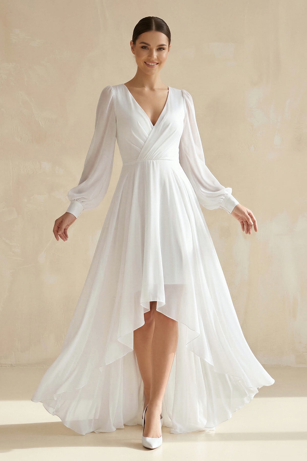 KissProm A-Line V-Neck Long Sleeves Elegant Casual Asymmetrical Chiffon Wedding Dress with Zipper Back, Diamond White / 20