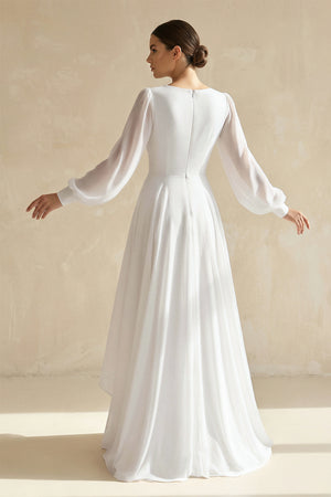 A-Line V-Neck Long Sleeves Elegant Casual Asymmetrical Chiffon Wedding Dress with Zipper Back – Wedding Dresses by KissProm | Available at KissProm