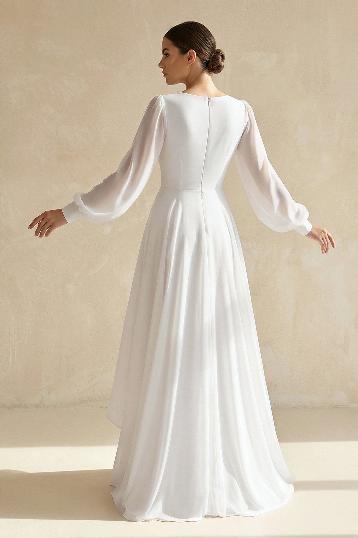 A-Line V-Neck Long Sleeves Elegant Casual Asymmetrical Chiffon Wedding Dress with Zipper Back, Diamond White / 20