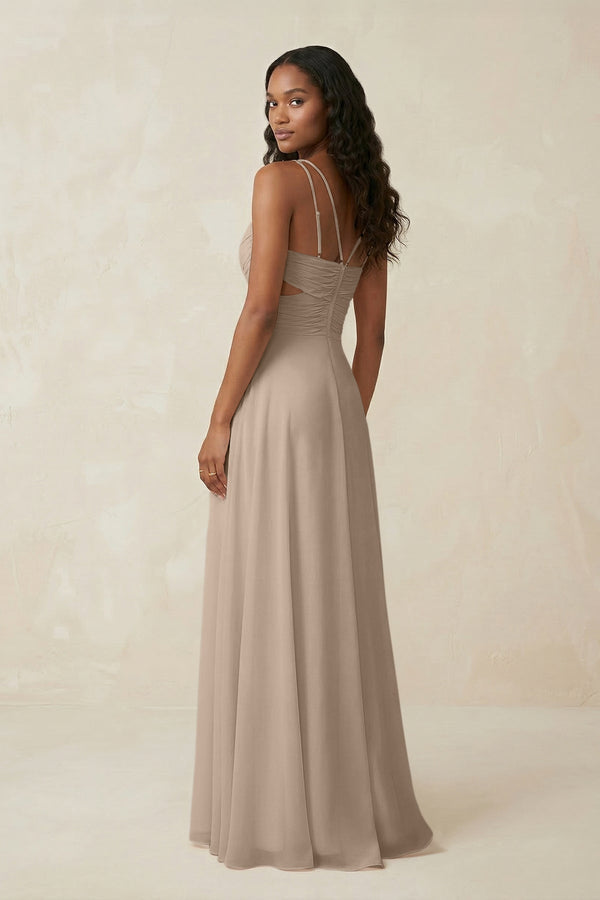 V - Neck Chiffon A - Line Cut - Out Bridesmaid Dress in Almond - KissProm Bridesmaid Dresses