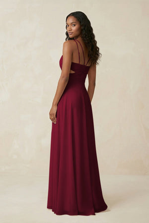 V - Neck Chiffon A - Line Cut - Out Bridesmaid Dress in Berry - KissProm Bridesmaid Dresses