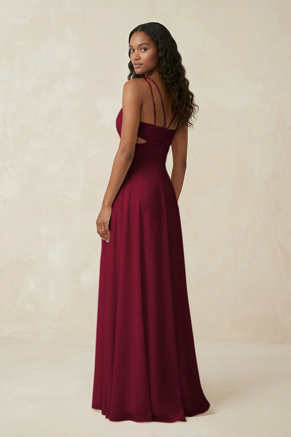 V - Neck Chiffon A - Line Cut - Out Bridesmaid Dress in Berry - KissProm Bridesmaid Dresses