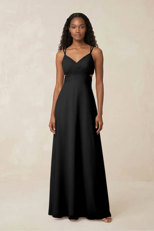 V - Neck Chiffon A - Line Cut - Out Bridesmaid Dress in Black - KissProm Bridesmaid Dresses