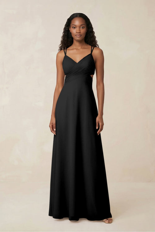 V - Neck Chiffon A - Line Cut - Out Bridesmaid Dress in Black - KissProm Bridesmaid Dresses