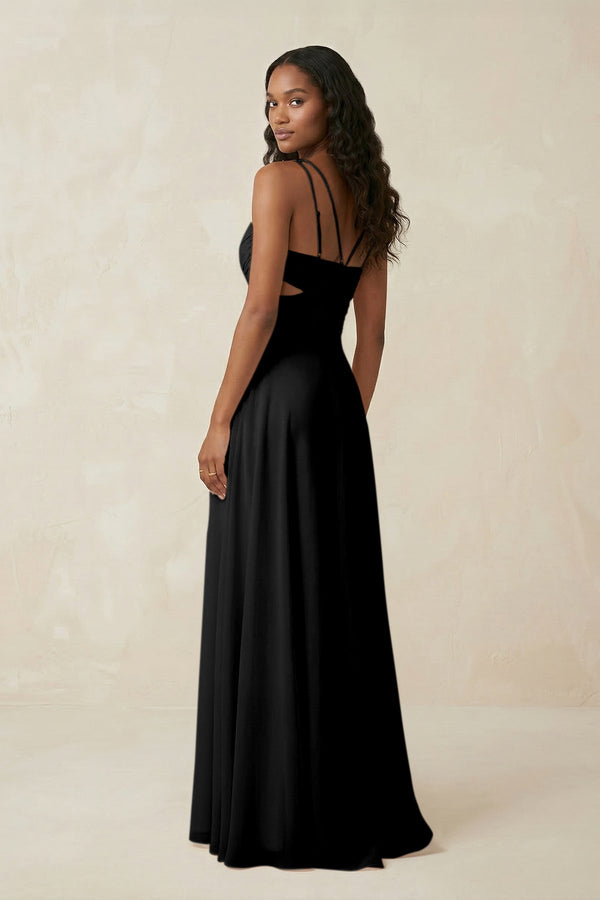 V - Neck Chiffon A - Line Cut - Out Bridesmaid Dress in Black - KissProm Bridesmaid Dresses