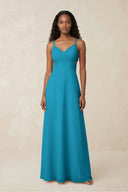 V - Neck Chiffon A - Line Cut - Out Bridesmaid Dress in Blue Jay - KissProm Bridesmaid Dresses
