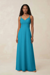 V - Neck Chiffon A - Line Cut - Out Bridesmaid Dress in Blue Jay - KissProm Bridesmaid Dresses
