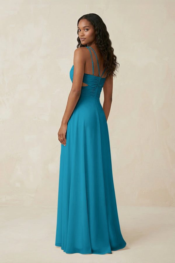 V - Neck Chiffon A - Line Cut - Out Bridesmaid Dress in Blue Jay - KissProm Bridesmaid Dresses